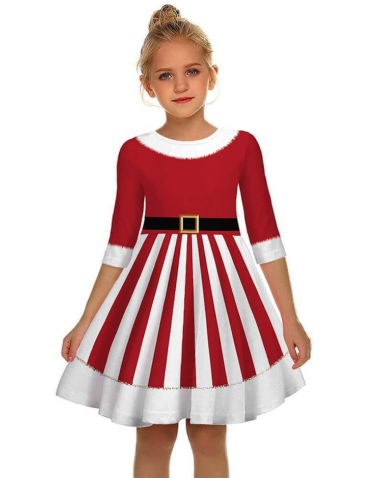 Mayoulove Red White Stripe Girls Christmas Half Sleeve Skater Dress-Mayoulove