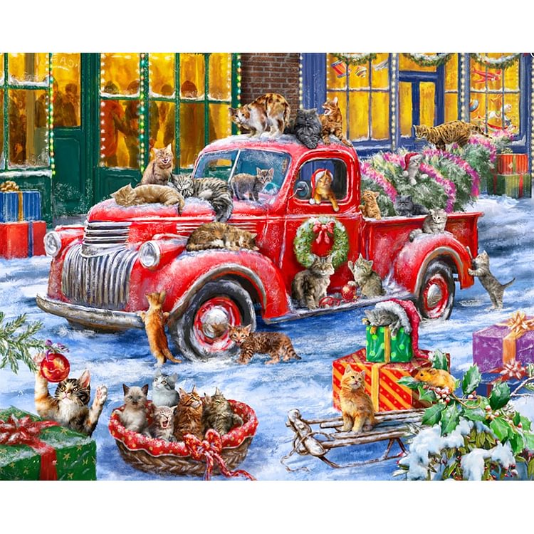 Christmas Red Car And Cats 50*40CM(Canvas) Full Round Drill Diamond Painting gbfke