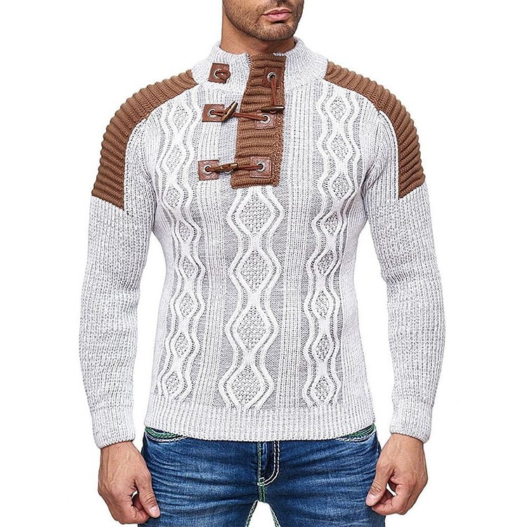 BrosWear Stylish Patchwork Turtleneck Knit Sweater