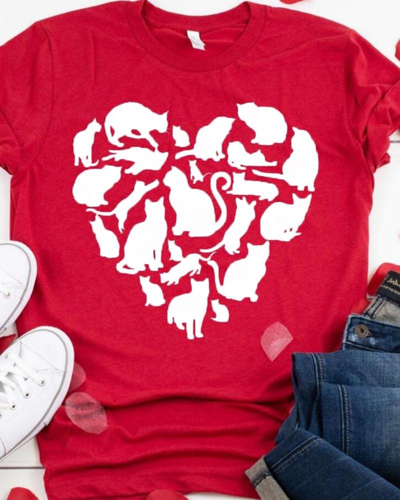 Valentines Day Heart Cat Print T-shirt P16157