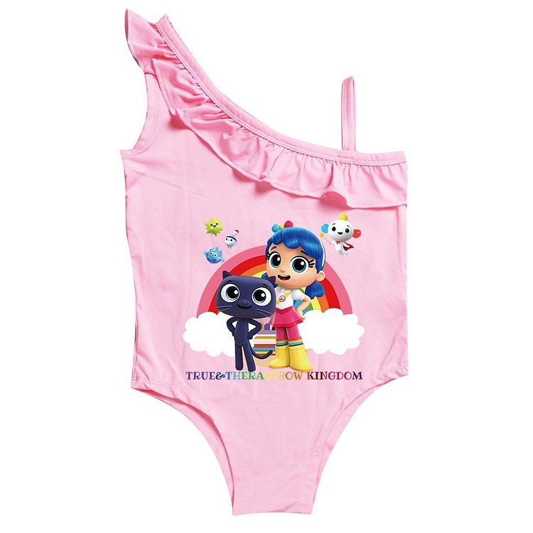 Mayoulove True And The Rainbow Print Girls Ruffle Shoulder One Piece Swimwear-Mayoulove
