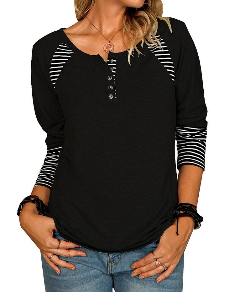 Women's Long Sleeve Printed Striped Casual T-Shirt