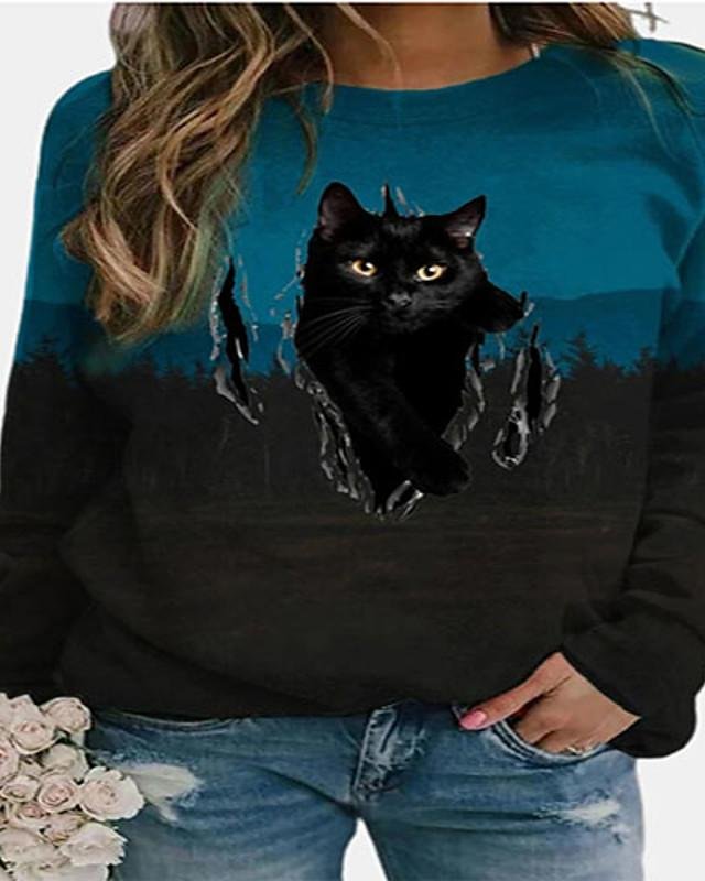 Women's Blouse Shirt Cat Animal Long Sleeve Print Round Neck Tops Loose Basic Top Blue-Corachic
