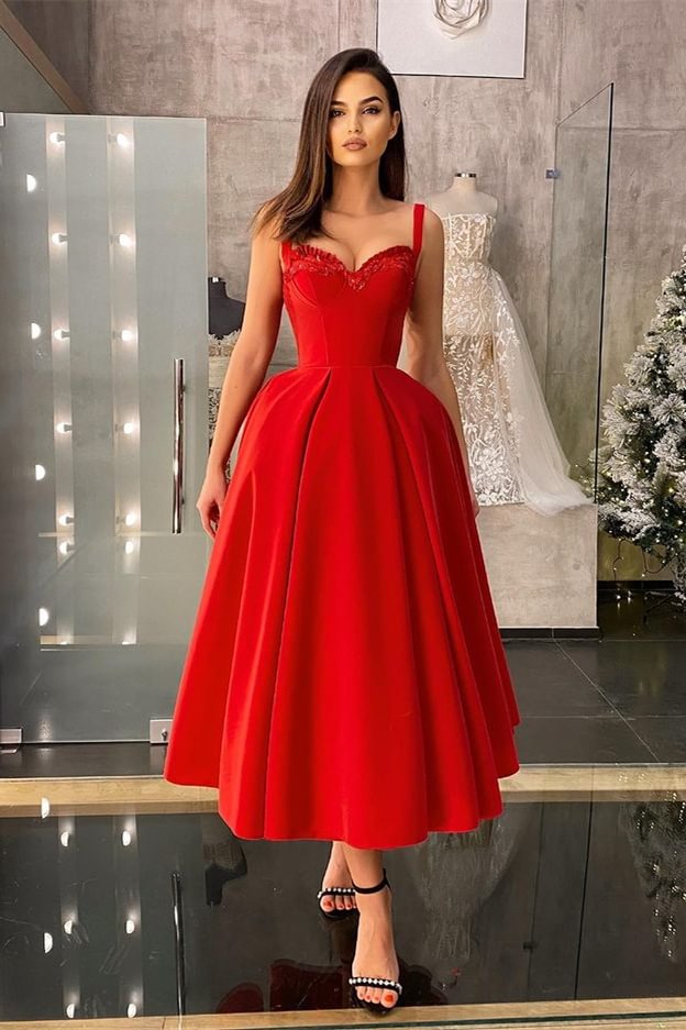 Luluslly Red Straps Prom Dress Tea-Length Sweetheart With Sequins