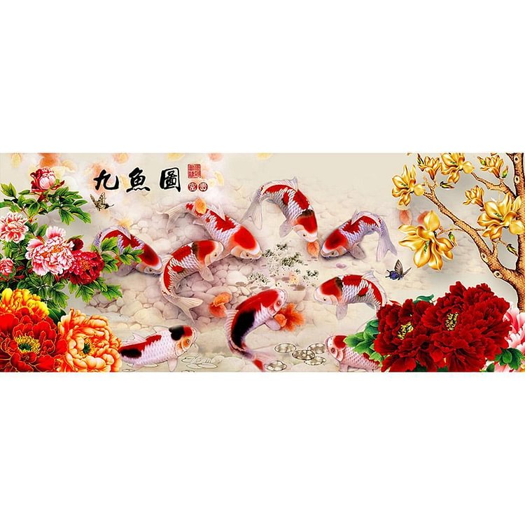 Peony 9 Fishes - Full Round Drill Diamond Painting - 80x35cm(Canvas)
