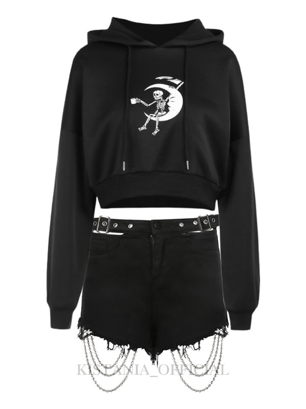 Skull Printed Pullover Long Sleeve Midriff Hoodie + Chain-trimmed Washed Asymmetrical Belt Decorated Denim Shorts 2 Pieces Sets