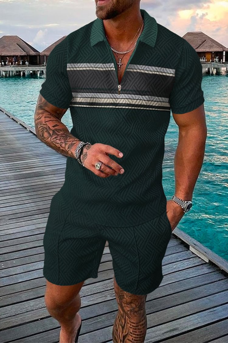 Tiboyz Men's Outfits Colorblock Casual Short Sleeve Polo Shirt Set