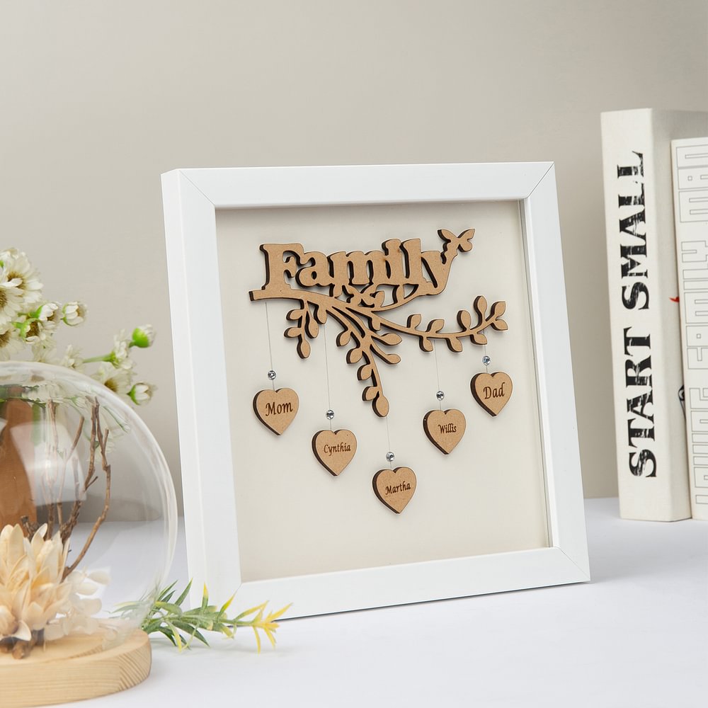 4 Names Personalised Family Tree Wood Frame Engraved on the "Hearts"