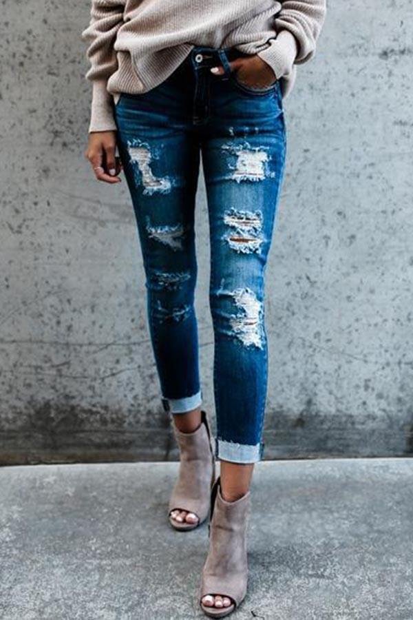 Womens Long-Hole Waist Skinny Slim Jeans-Allyzone-Allyzone