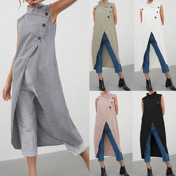 Fashion Womens Sleeveless Blouse Tank Long Top Irregular Hem Casual Vest Shirt Dress Plus Size S-5XL