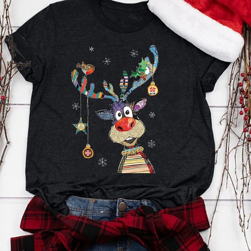 Cute Christmas Deer Print Short Sleeve T-shirt