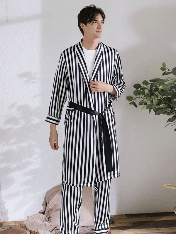 Zebra Stripe Printed Robe Style Men's Silk Pajamas