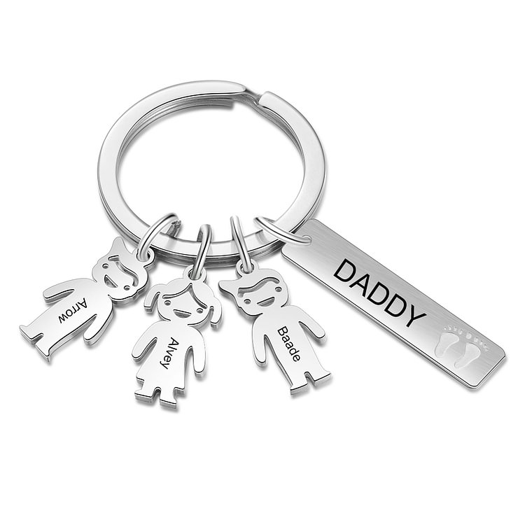 Personalized Daddy Keychain with Kids Charms Engraving 3 Names