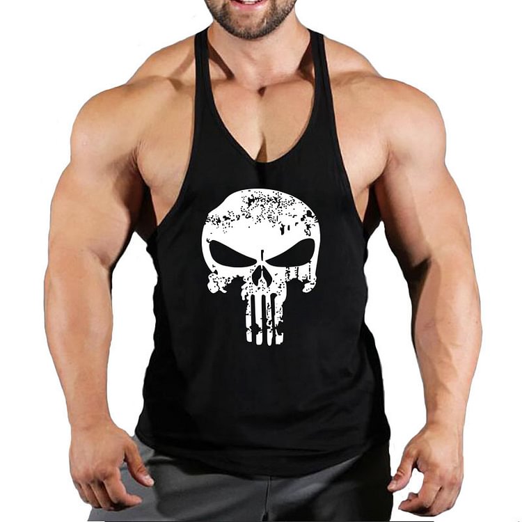 Skull Print Cotton Sleeveless Tops Fitness Gym Tank for Men