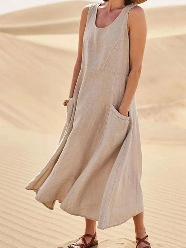 Sleeveless Casual Linen Maxi Dress With Pockets