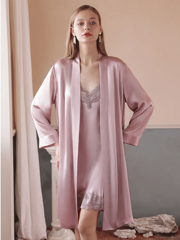 Luxury Pink Long Silk Robe Set-Luxury Silk Life