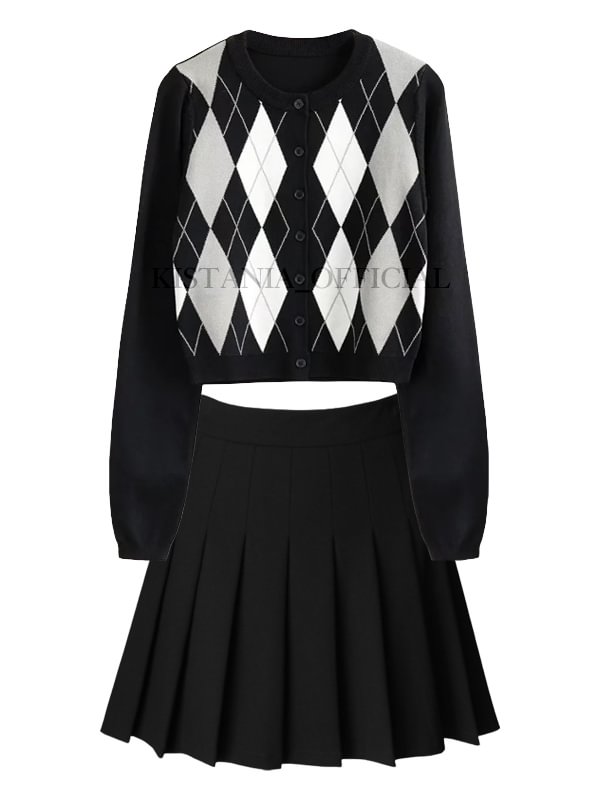 Color-block Geometrical Paneled Long Sleeve Slim Midriff Knitwear + Safety Knickers Elastic Waist Skirt 2-piece Sets