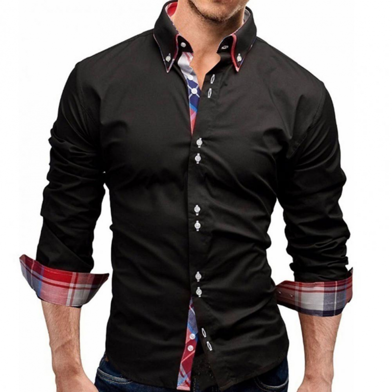 Men's Plaid Sleeve Solid Color Long Sleeve Casual Shirts-VESSFUL