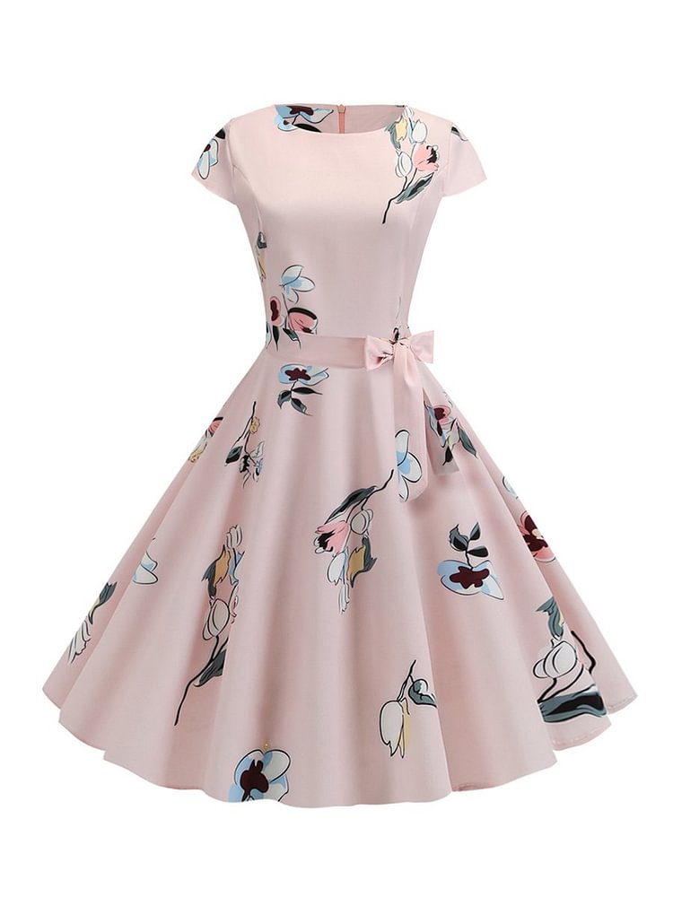 Mayoulove 1950s O Neck Sleeves Waist Print Slim Dress-Mayoulove
