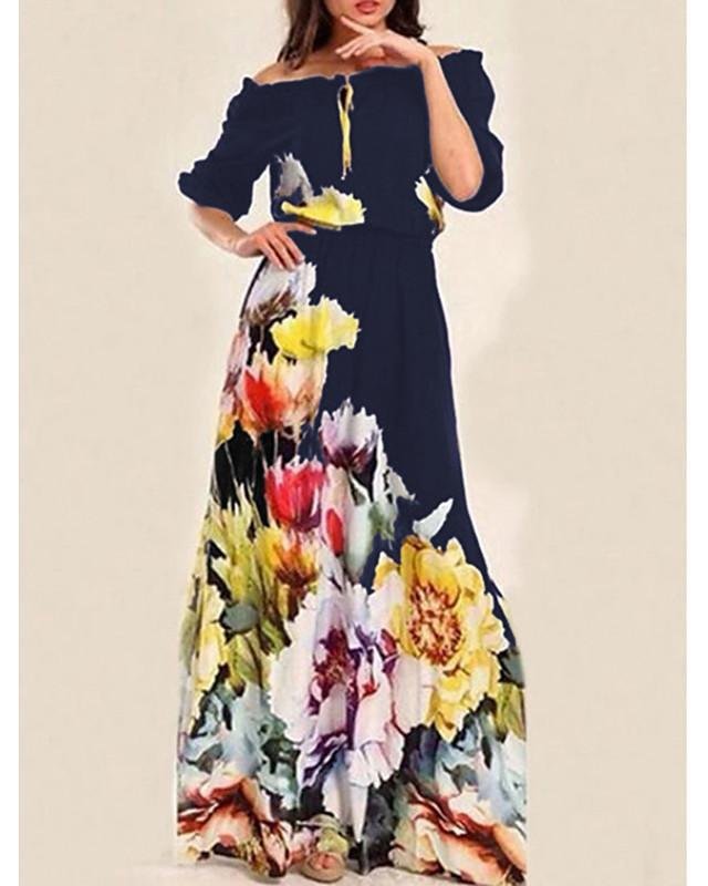 Women's Swing Dress Maxi long Dress Half Sleeve Floral Print Basic Navy Blue S M L XL-Corachic