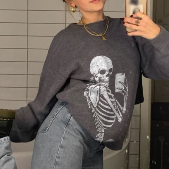   Black skull Skeleton print casual sweatshirt - Neojana