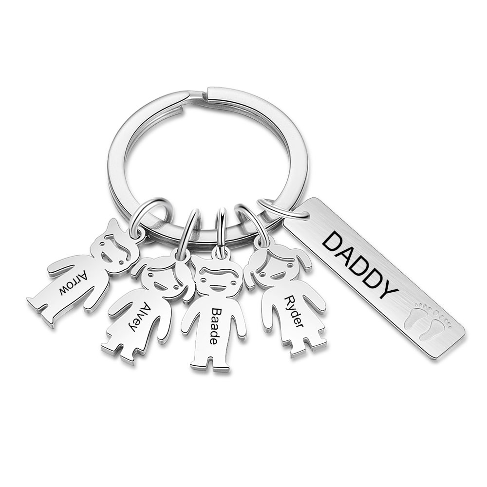 Personalized Daddy Keychain with Kids Charms Engraving 4 Names