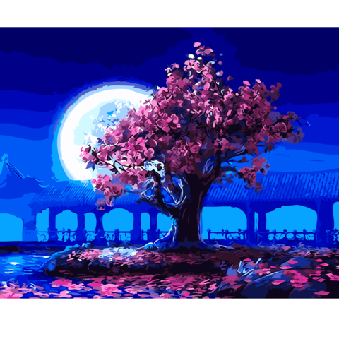DIY Paint by Numbers Canvas Painting Kit for Kids & Adults - Pink Tree Blue Night、bestdiys、sdecorshop