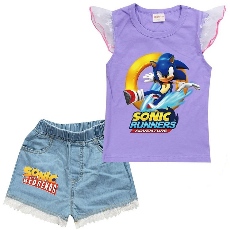 Sonic Runners Adventure Print Girls Lace Trim Tank Denim Shorts Sets-Mayoulove