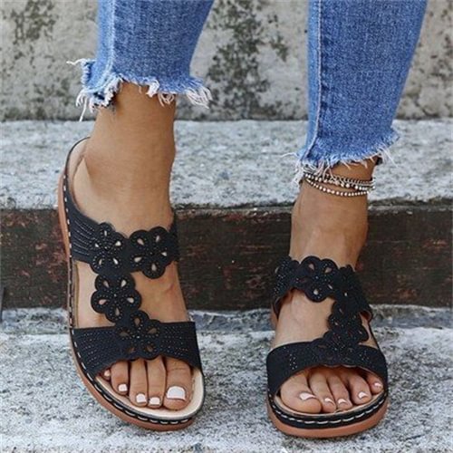 Leather Soft Footbed Orthopedic Arch-Support Women's Flower Hollow Out Sandals
