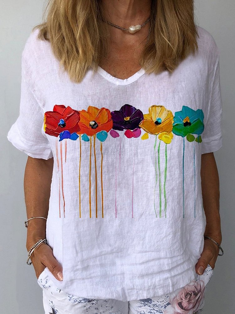 Women's Oil Painting Floral Print Cotton T-Shirt