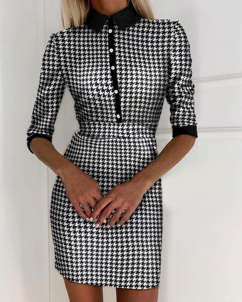 Houndstooth Buttoned Half Sleeve Casual Dress P12372