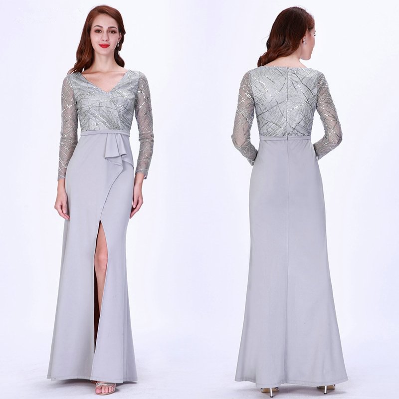 Silver Grey V-Neck Sequins Long Sleeve Evening Prom Dress With Split
