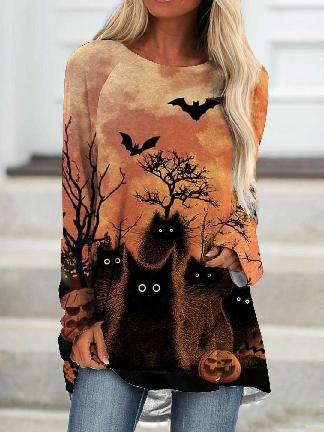 Halloween Black Cat Printed Long Sleeve T-shirt