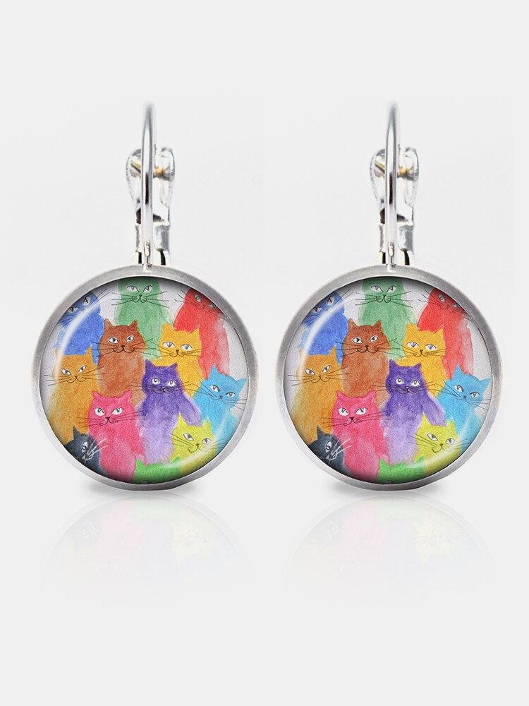 Metal Round Glass Multicolor Cat Print Women Pendant Earrings