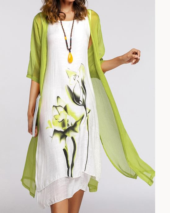 Floral Wrap Round Neckline Midi X-line Dress
