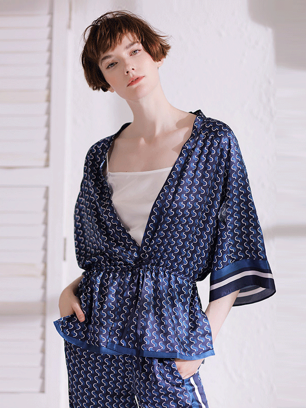 Navy Blue Summer Silk Pajamas For Women