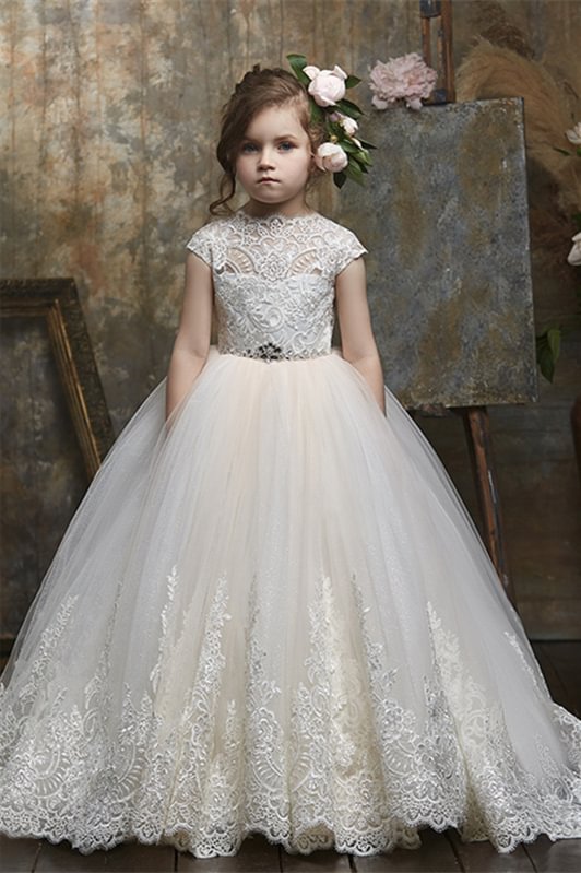 Luluslly Lace Tulle Flower Girl Dress Long With Cap Sleeves