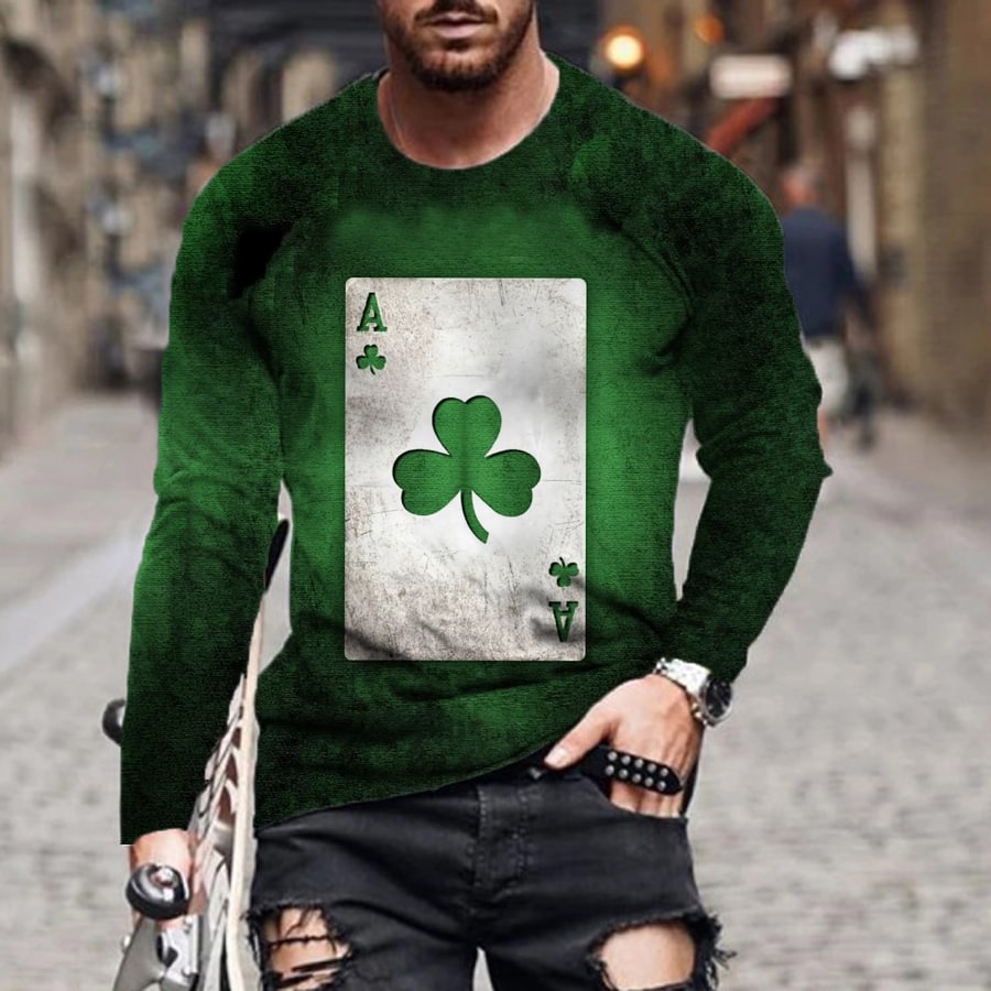 Green Club Clover Pattern Long-sleeved Casual Men's T-shirts-VESSFUL
