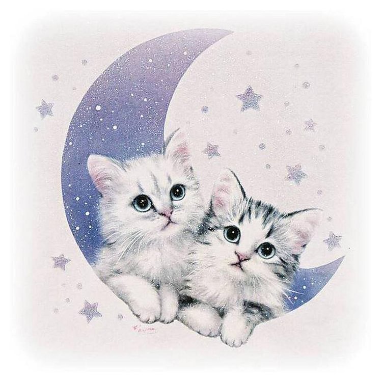 Cute Cats Moon Round Full Drill Diamond Painting 25X25CM(Canvas)-gbfke