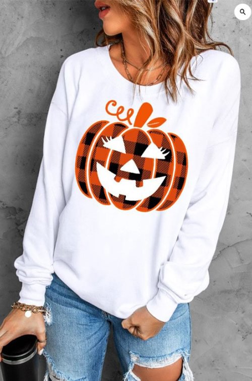 Women's Halloween Pumpkin Print Plain Crew Neck Pullover Sweatshirt