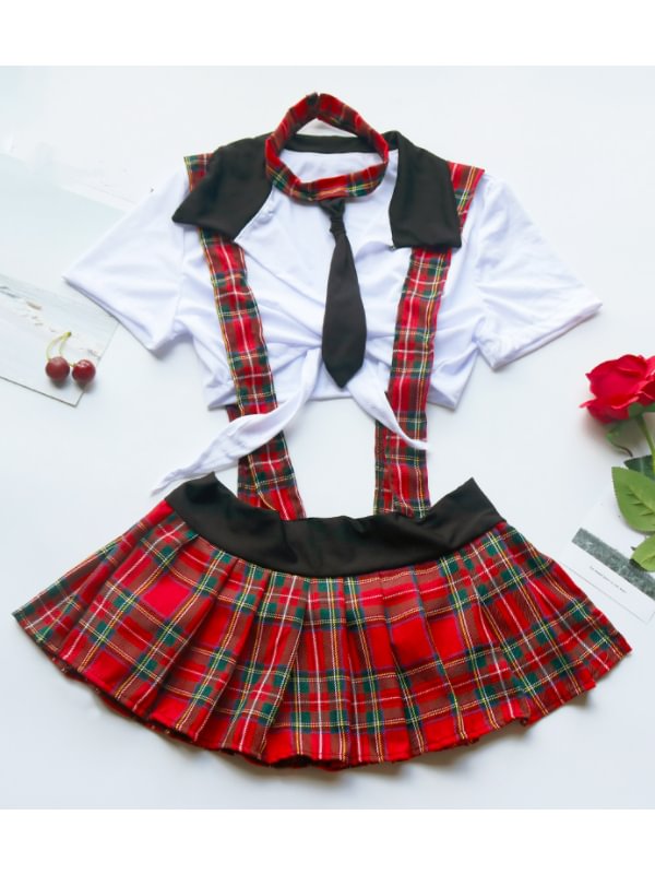Plaid Skirt Suspender Uniform Set-Icossi