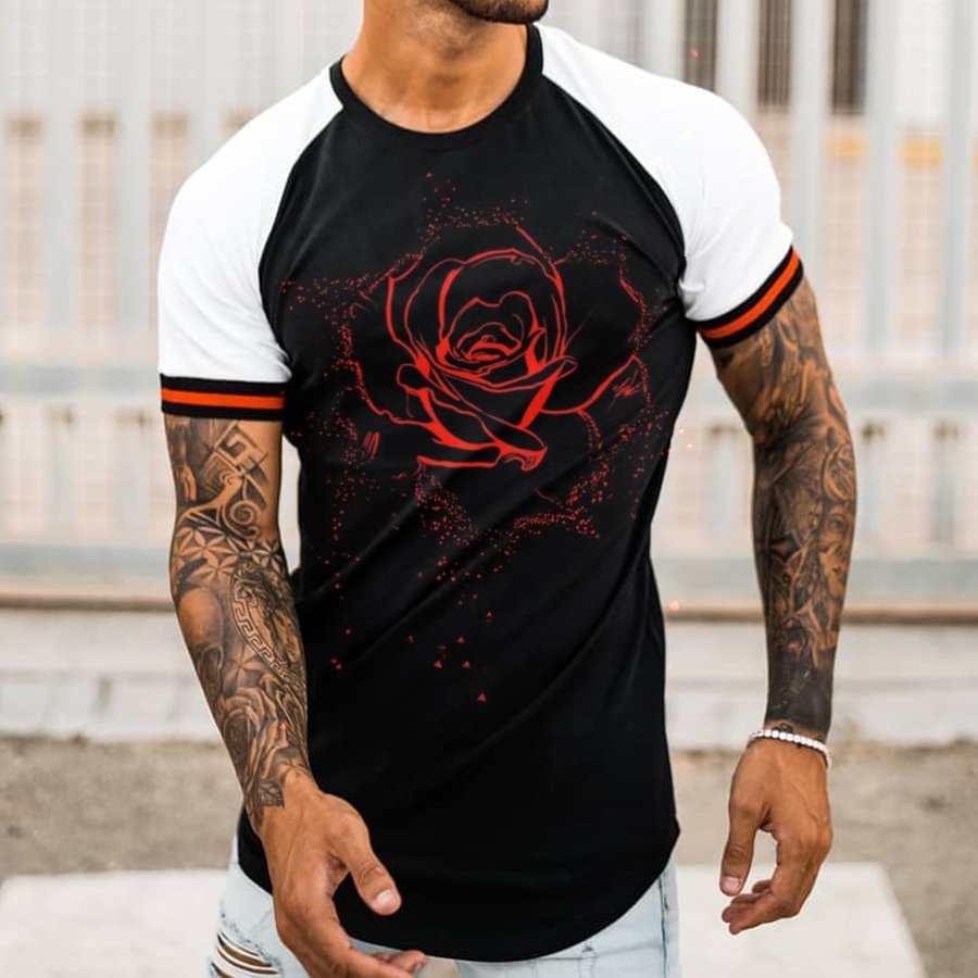Mens Rose Printed Splice Sleeve T-shirt / [viawink] /