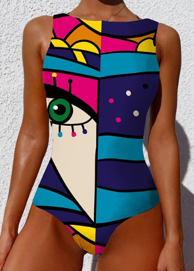 One Piece Graffiti Abstract Print Patchwork High Neck Sleeveless Slimming Swimsuit
