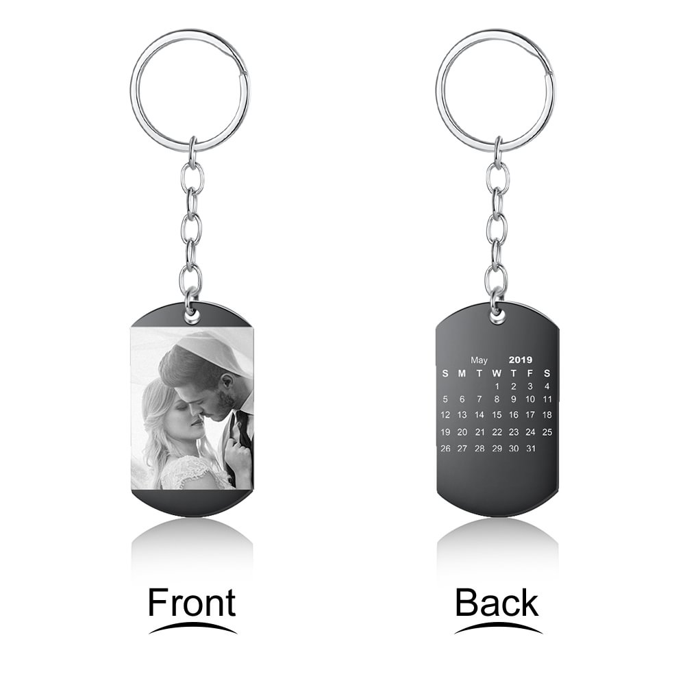 Laser Engraved Personalized Calendar Date/Photo Stainless Steel Dog Tag Keychain  Anniversary  Gift