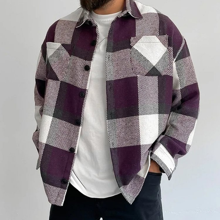 BrosWear Casual Purple Plaid Shirt Jacket