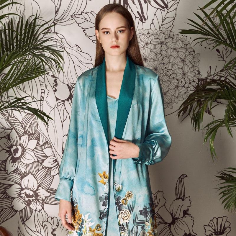 Luxury Blue Oriental Flower Print Silk Rebe Set-luxurysilklife