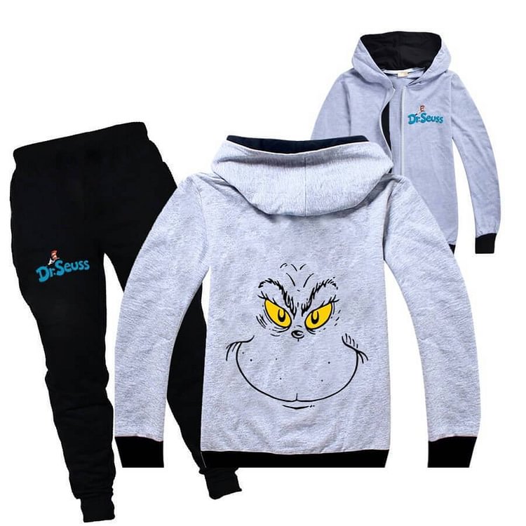 Mayoulove Dr. Seuss Cat Face Print Girls Boys Cotton Zip Hoodie Sweatpants Set-Mayoulove