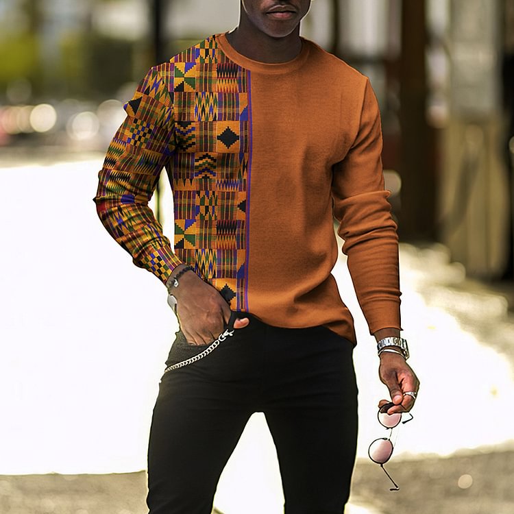 BrosWear African Casual Stitching Print Black Long Sleeve T-Shirt