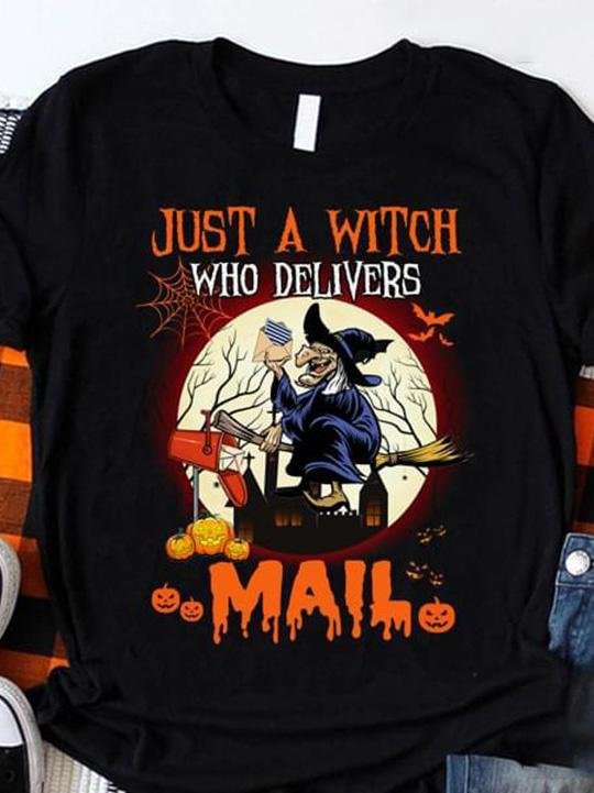 Pumpkin Mailbox Halloween Witch Print Blouse Crew Neck T-shirt-Mayoulove