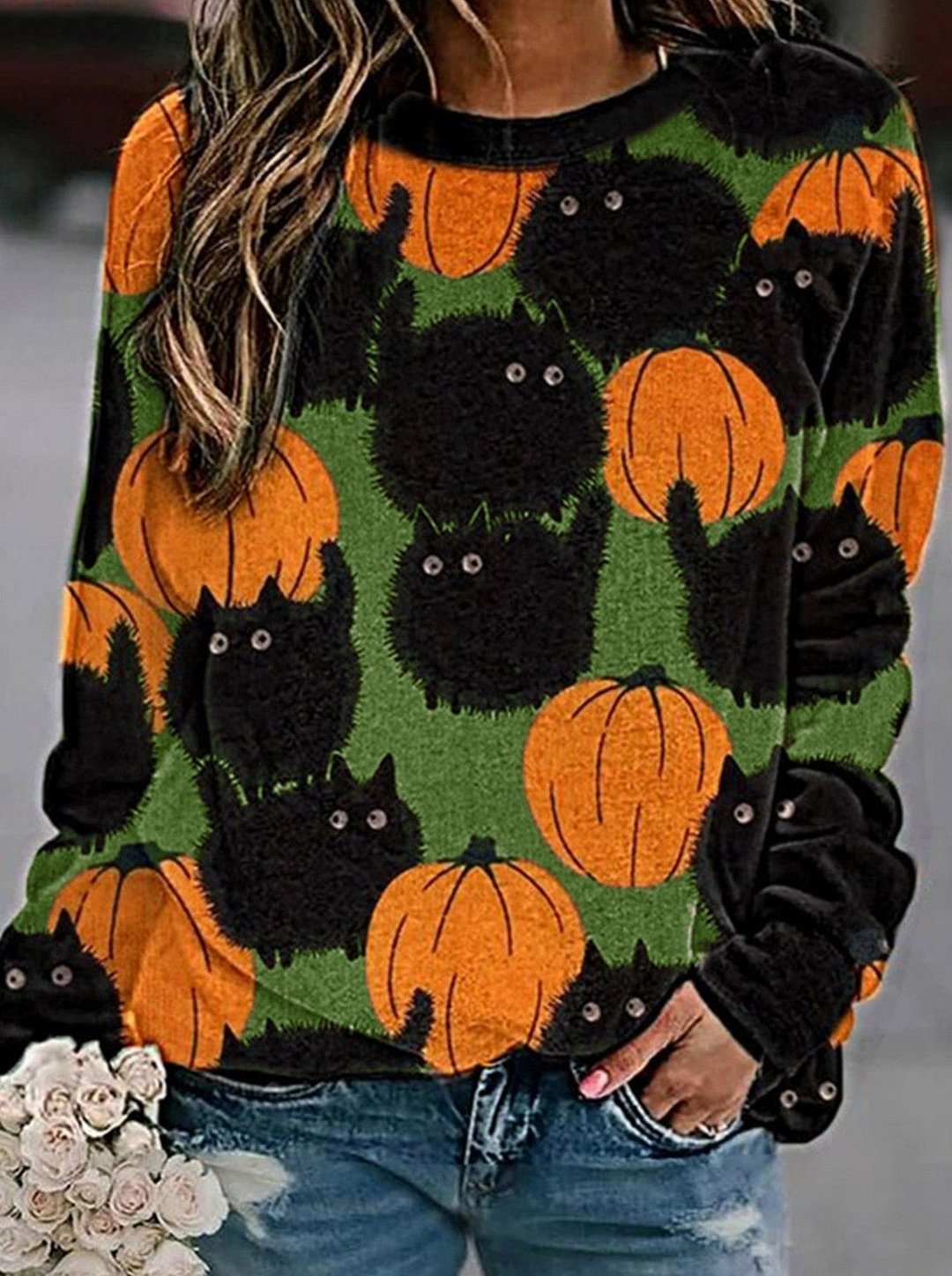 Comfortable Cat Pumpkin Round Neck Long Sleeve Sweater